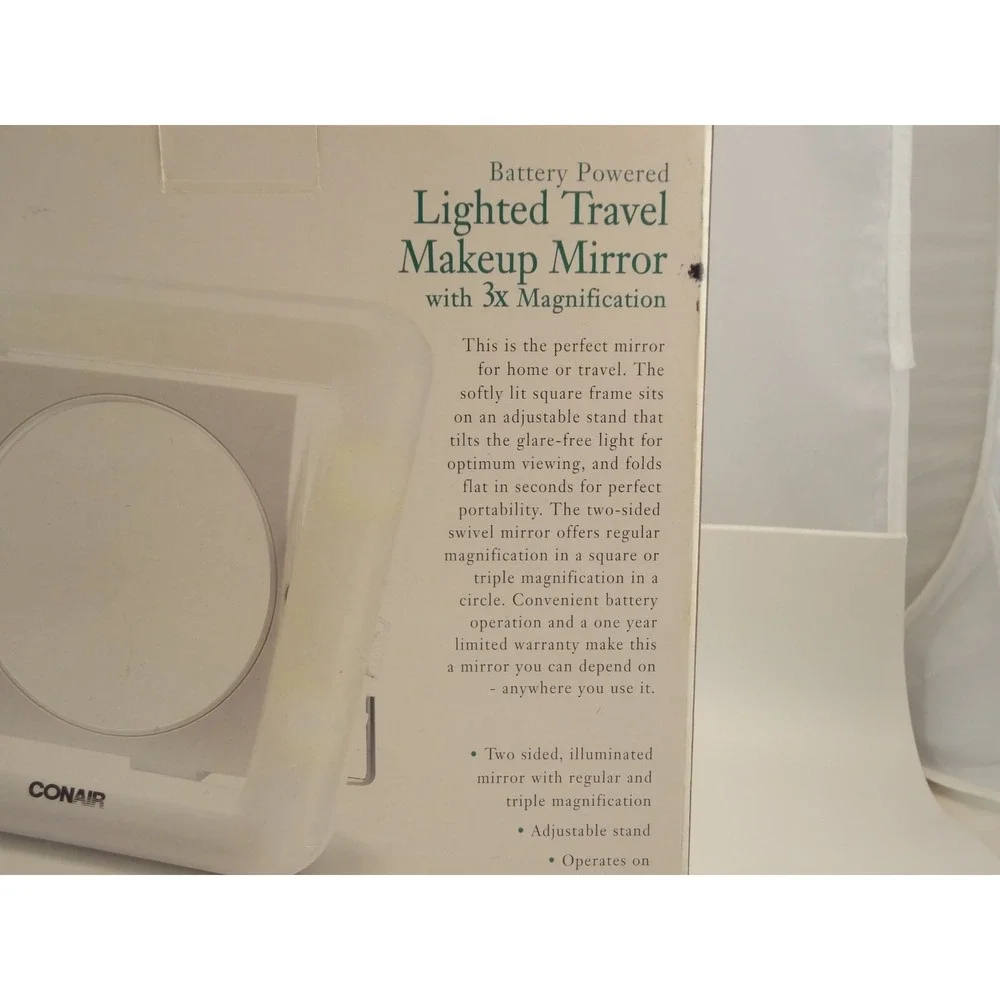 Conair Lighted Travel Makeup Mirror W/ 3x Magnification Square‎ Vintage 1990's